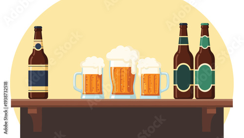 Assortment of beer bottles and mugs filled with cold golden beer and thick white foam on a wooden bar counter.