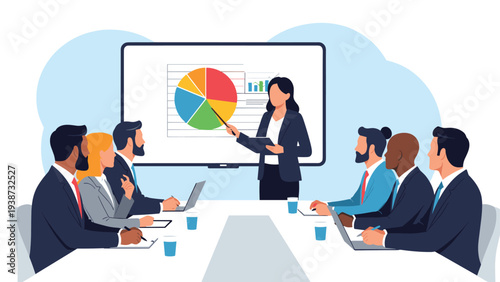 Female professional giving a business presentation using a large screen displaying a colorful pie chart to a seated audience.