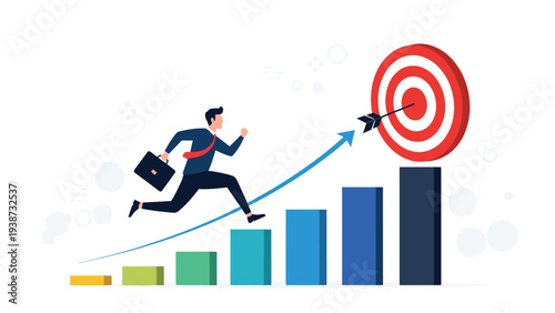 Motivated businessman running up a growing bar chart towards a red and white target board with a central arrow.