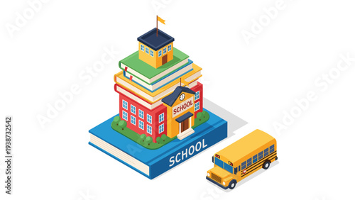 Creative school building designed like a stack of large books with a school bus parked nearby on a white background.