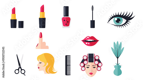 Collection of beauty and makeup icons including lipstick, nail polish, mascara, false eyelashes, and hair styling tools for salons.