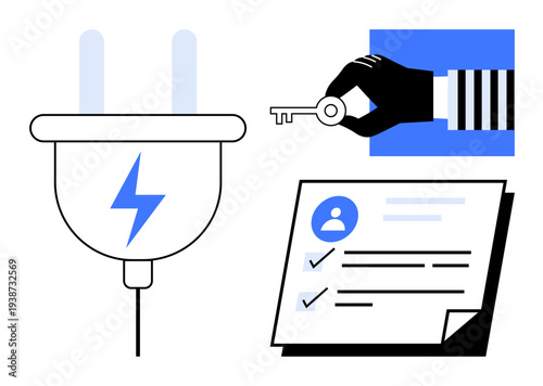 Electric plug with energy symbol, hand holding a key, and completed user profile form. Ideal for energy, security, data access, identity verification, authentication, documentation technology