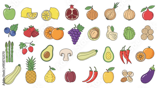 Large set of colorful fruit and vegetable icons such as apple, lemon, pomegranate, berries, avocado, and eggplant for healthy eating.