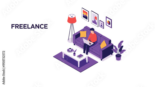 Freelance professional working from home on a laptop while sitting comfortably on a purple sofa in a modern stylish living room.