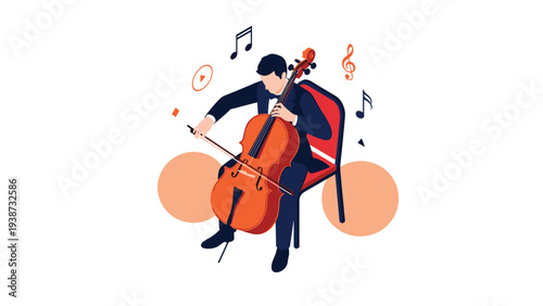 Professional male musician playing a large cello on stage surrounded by abstract musical notes and glowing orange lighting elements.