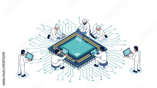 Group of engineers and technicians working on a large microchip processor circuit board in a high-tech electronics manufacturing facility.