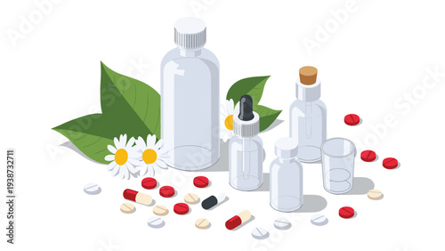 Comprehensive medical supply set including glass pill bottles, droppers, capsules, and chamomile flowers for professional herbal medicine.