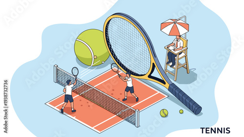 Tennis sports concept with athletes playing on a clay court featuring a giant racket, ball, and a referee chair in isometric style.