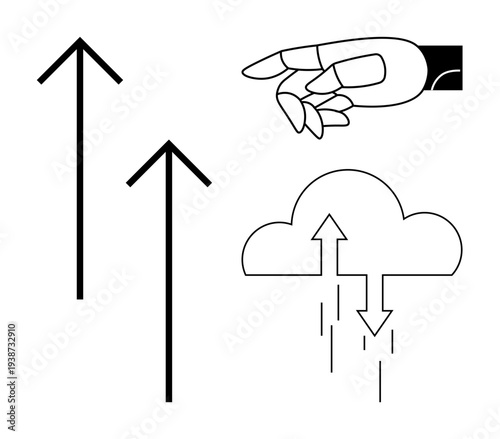 Cloud data transfer concept. Cloud computing with directional arrows and a robotic hand. Cloud data transfer simplifies connections, enhances digital workflows, and boosts efficiency. For artificial