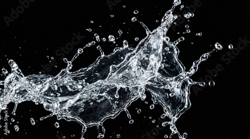 Dynamic clear water splash frozen in high speed motion isolated on a solid black background.