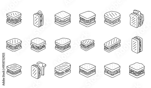 A set of black and white line art illustrations of various sandwiches