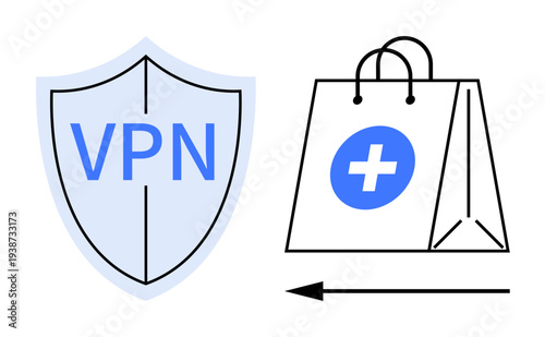 VPN concept. VPN protects privacy for online shopping and healthcare needs. Secure shopping with VPN ensures data protection and privacy. Useful for e-commerce, healthcare, cybersecurity, digital