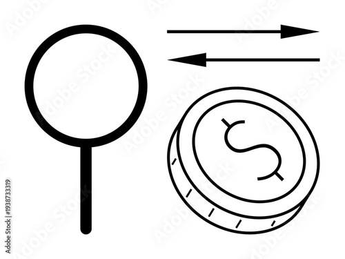 Finance, money transfer, economic analysis, exchange systems, business operations, financial growth. a magnifying glass, coin with dollar sign and directional arrows. Finance and money transfer