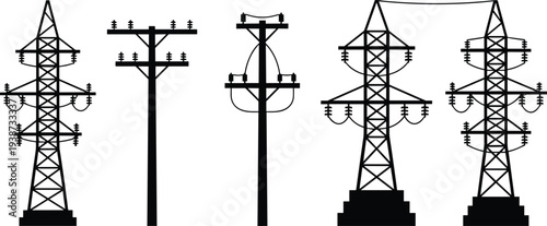 Five silhouettes of electrical transmission towers and utility poles with insulators and crossarms, representing electricity distribution, power grid infrastructure, and modern energy transmission 