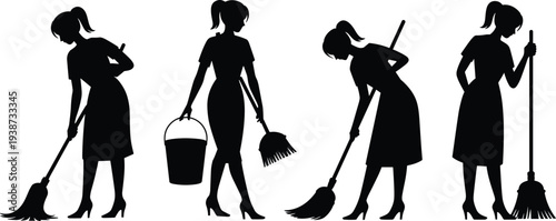 Four silhouettes of woman with ponytail performing cleaning tasks using broom, bucket, and brush, representing housekeeping, janitorial services, hygiene maintenance, and manual floor cleaning 