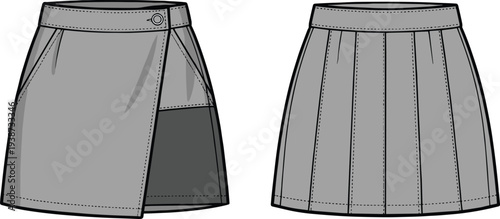 Fashion design illustration showing wrap skirt with button closure and pleated skirt style, detailed garment construction, tailoring techniques, clothing patterns, and apparel design elements