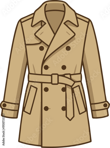 Classic beige trench coat fashion clothing illustration in flat cartoon vector style isolated on background.