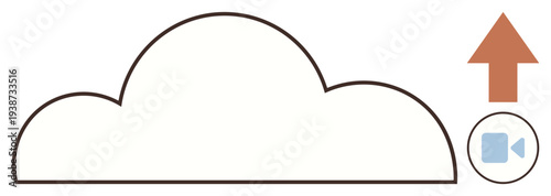 Cloud storage, data upload, video sharing, media streaming, online storage, internet transfer. A cloud shape with an upward arrow and video icon. Cloud storage and data upload visualization