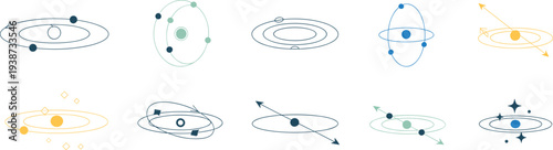 Minimal atomic orbit icons set with electrons and nucleus symbols, modern science physics atom illustration collection