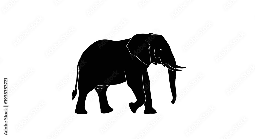 Fototapeta premium Black Elephant Silhouette Walking Forward Isolated.