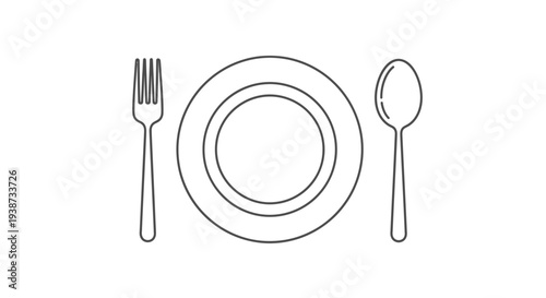 Simple Line Art Icon: Plate with Fork and Spoon, Minimalist Dining Setup