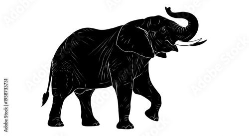 Black Elephant Silhouette Walking with Trunk Raised.