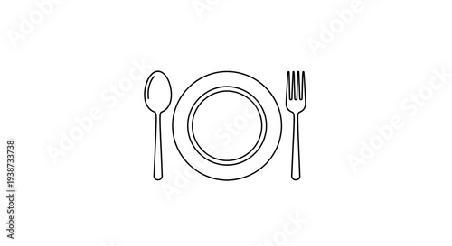 Simple Line Art Icon: Plate with Fork and Spoon, Minimalist Dining and Food Symbol