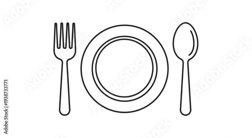 Simple Line Art Icon: Plate, Fork, and Spoon - Minimalist Dining Setting