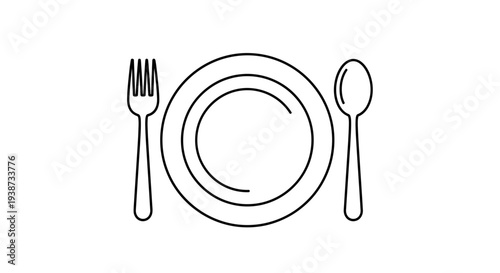 Simple Line Art Icon: Plate, Fork, and Spoon - Minimalist Dining Setting