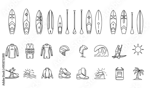 A collection of surf and paddleboard icons and illustrations in a minimalist line art style