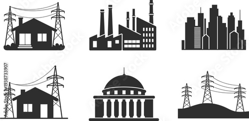 Silhouette icons of residential houses, industrial factories, city skylines, government buildings, and rural power infrastructure representing urban planning, electricity distribution, and modern 