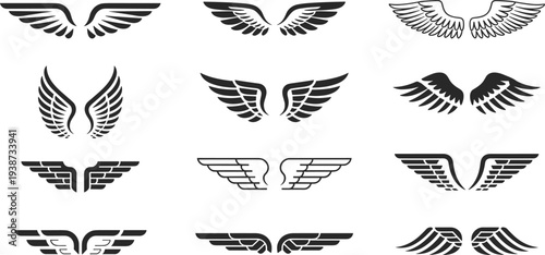 Minimalist angel wing icons set, stylized feather wings symbols collection for logo badge tattoo aviation emblem vector design