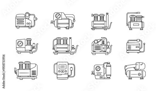 A collection of various industrial air compressor illustrations in a line art style