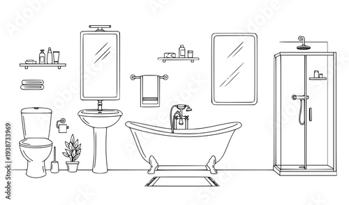 A minimalist line art illustration of a modern bathroom interior
