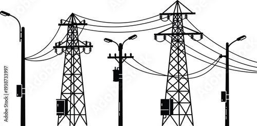 Silhouette illustration of electrical infrastructure with transmission towers, utility poles, transformers, and streetlights, representing electricity distribution, urban power grid, 
