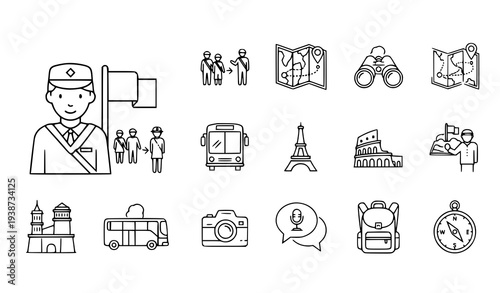 A set of travel icons including a porter, map, and camera