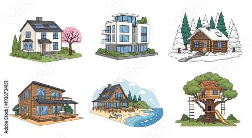 Collection of Various Cartoon Style Houses.