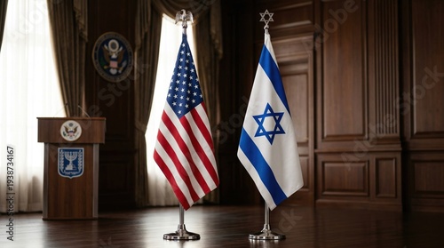 The American and Israeli flags stand prominently side-by-side in a formal government room with a podium featuring official seals, symbolizing international diplomacy and alliance.