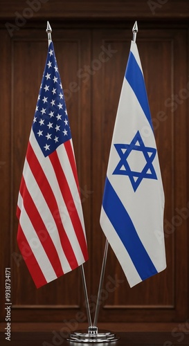The national flags of the United States of America and Israel stand proudly side-by-side on a polished desk, symbolizing strong international diplomatic relations and alliance.