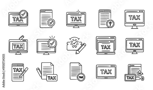 A set of black and white line art icons depicting tax documents and computers