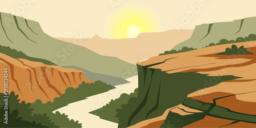 Beautiful mountain valley with winding path and sunset light in flat vector style. Ideal for travel posters, hiking themes, nature backgrounds, tourism promotion, and outdoor adventure designs.