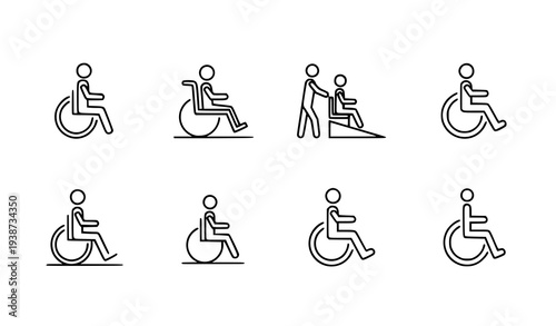 A set of minimalist icons depicting people in wheelchairs in various positions and actions