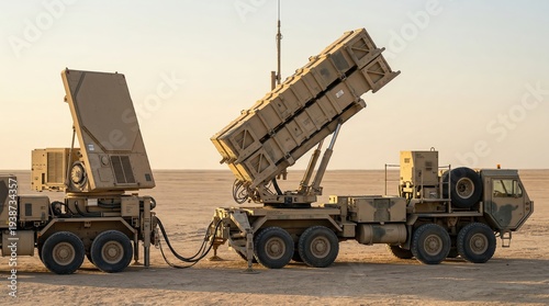 Two large tan military vehicles, a missile launcher and a radar unit, stand ready in a vast desert landscape under a clear golden sky, representing modern defense technology.