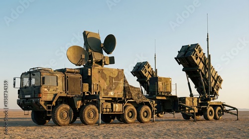 A powerful military missile defense system, featuring a radar truck and launcher, stands deployed in a barren desert landscape under a clear sky, symbolizing national security.