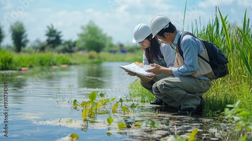 Two environmental scientists examining a waterway