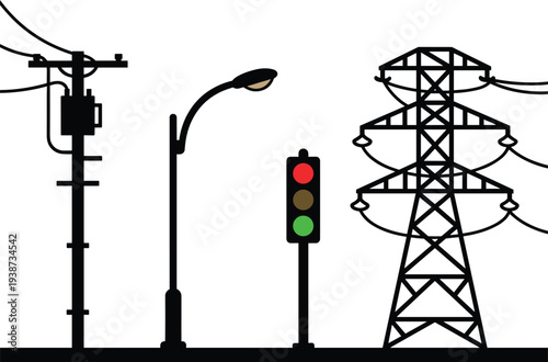 Silhouette illustration of urban electrical infrastructure featuring utility pole, streetlight, traffic signal and high voltage transmission tower with power lines isolated on white background