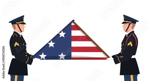 Soldiers in dress uniform performing a ceremonial flag folding. Vector illustration of military honor guard.