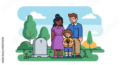Diverse family mourning at a graveside, child holding flowers. Vector illustration of grief and loss.