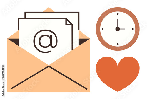Communication, organization, digital correspondence, time efficiency, notifications, connection. An open envelope with an email symbol, a clock and a heart symbol. Communication and organization