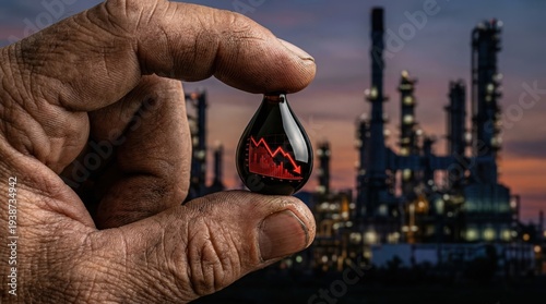 A weathered, dirty male hand tightly grips a shiny black oil droplet displaying a red downward trend graph, set against a blurred industrial refinery at dusk, symbolizing falling energy prices and.